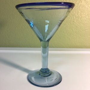 Mexican Handblown Blue Rimmed Martini Glass